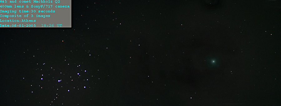Εικόνα του κομήτη Q2 (Machholtz) κοντά στις Πλειάδες στις 8 Ιανουαρίου 2005, από τον Δημήτρη Κολοβό.